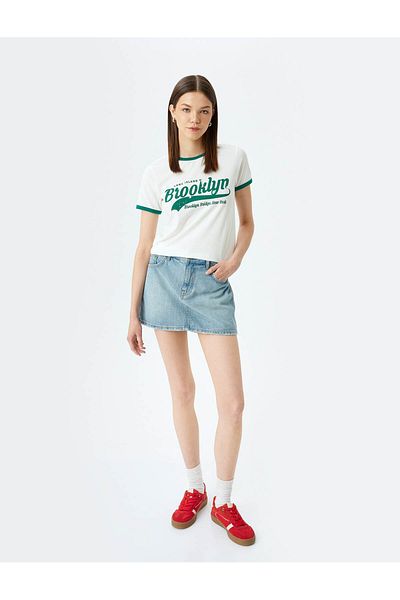 Koton College Printed Bias Short Sleeve Crew Neck T-Shirt