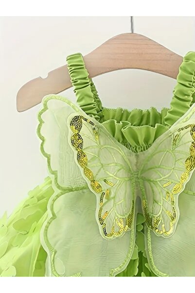 Modakido 3 Boyutlu Kelebeklerle Süslenmiş, Askılı, Yeşil Elbise. Yaz/İlkbahar Kız Çocuk/Kız Bebek