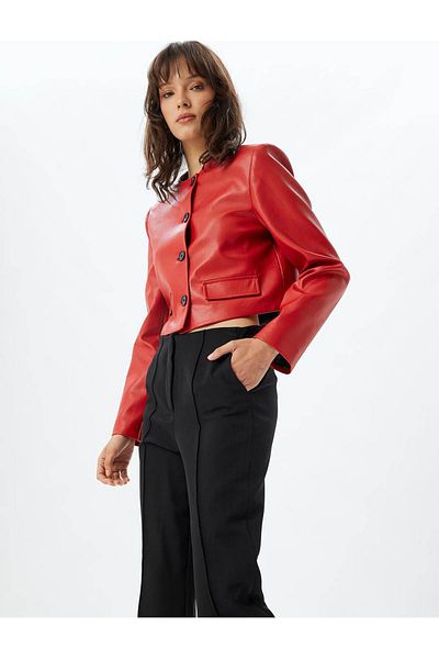 Koton Faux Leather Crop Blazer - Round Neck and Button