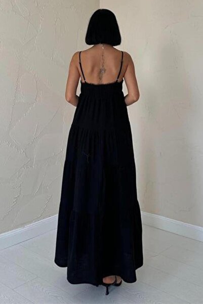 ZISHAN İp Askılı Parçalı Desen Yumuşacık Müslin Kumaş Gipe Detaylı Yazlık Kadın Elbise 4198