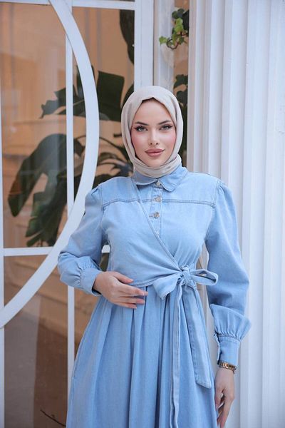 OlaLady Rochie de damă din denim hijab cu brâu lateral