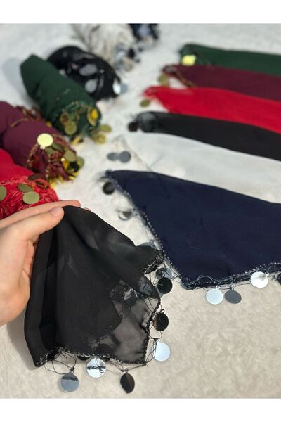 HEEN TASARIM AKSESUAR Siyah Halay Mendili 10'lu Şifon Pullu Halay Gelin Damat...