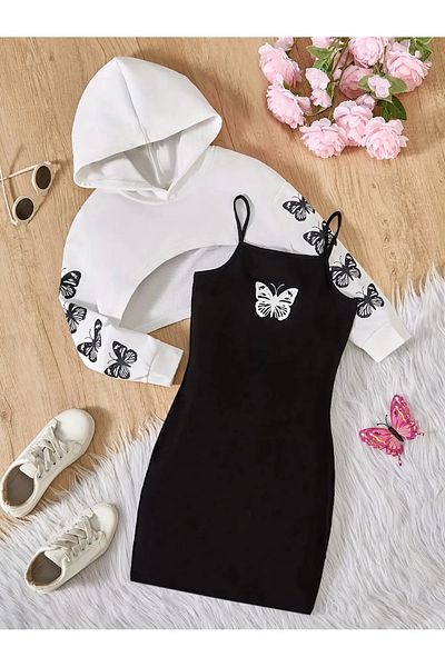 İBRE Butterfly Ribbon Printed Skirt - Pullover Bottom Top Set