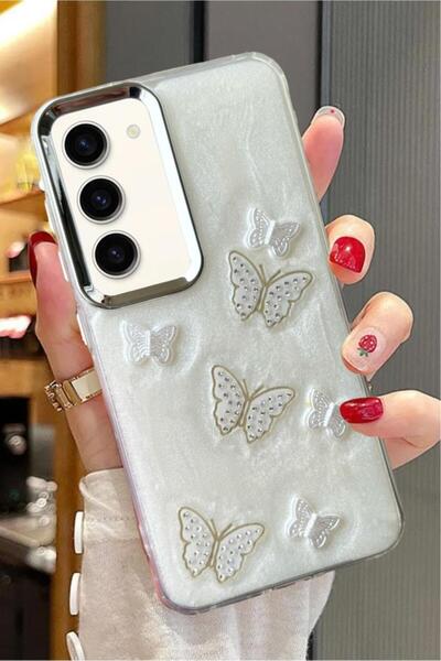 3GEN CASE غطاء صلب لامع متوافق مع هاتف Samsung Galaxy S23 ثلاثي الأبعاد بشريط حجري على شكل فراشة وقلب لامع