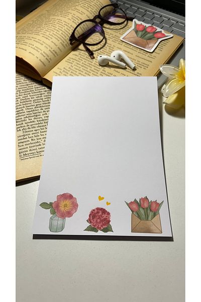 Handeto Kraft Pink Floral Print Notepad - A5 Notebook, Check Pluck Cut, Glue Block Notepad