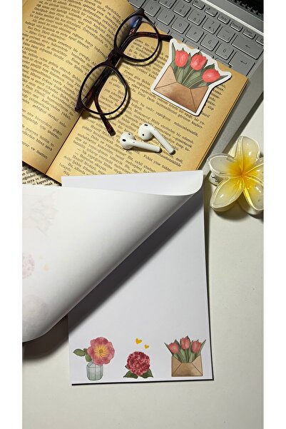 Handeto Kraft Pink Floral Print Notepad - A5 Notebook, Check Pluck Cut, Glue Block Notepad