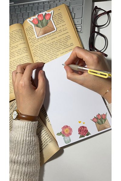 Handeto Kraft Pink Floral Print Notepad - A5 Notebook, Check Pluck Cut, Glue Block Notepad