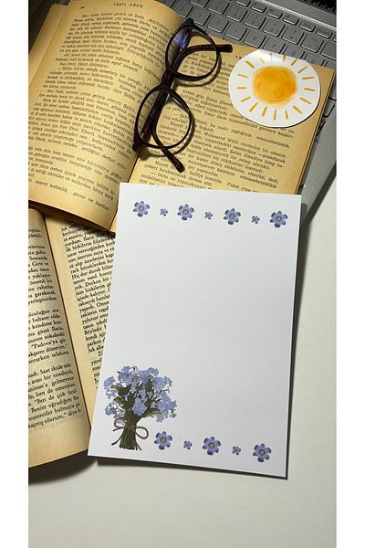 Handeto Kraft Purple Flower Themed Notepad - Check Book, Glue Memo Pad, A5 Unlined Notebook