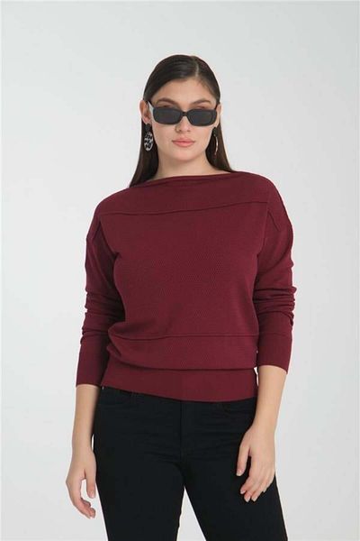 Moda Days Thin Fabric Women's Burgundy Openwork Boat Neck Knit Blouse