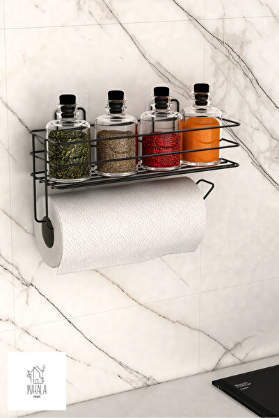 PUHALA HOUSE Yapışkanlı Raflı Kağıt Rulo Havluluk Peçetelik Havlu Kağıtlık Siyah Banyo Mutfak Düzenleyici Raf