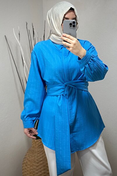 HİFADEN Women's Belt Detail Long Sleeve Hijab Shirt
