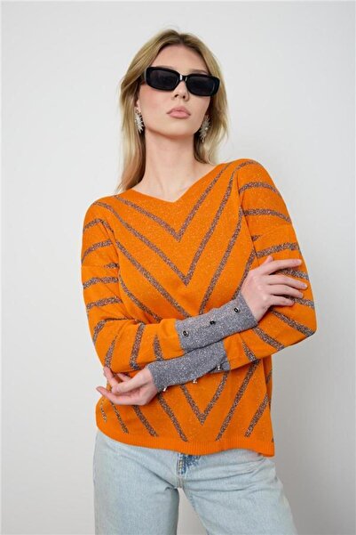 Moda Days Γυναικεία πλεκτή μπλούζα με λεπτό ύφασμα με κουμπιά, πορτοκαλί ασημί λευκό, με λαιμόκοψη σε σχήμα V