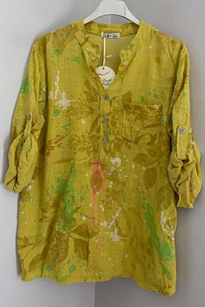 AYASOFYA OTANTIK Жіноча італійська жовта блуза з принтом у вигляді листя, з ґ...