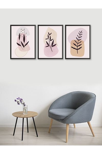 estölye 3 Piece Bohemian Style Artistic Wood Frame Look Painting Set