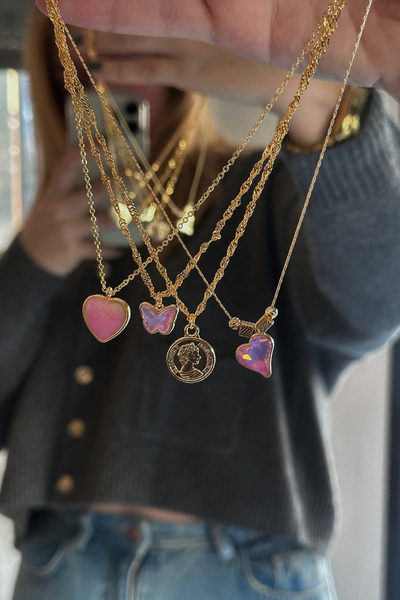 Trendy Butik Dörtlü Gold Kalp Kelebek Kolye Set