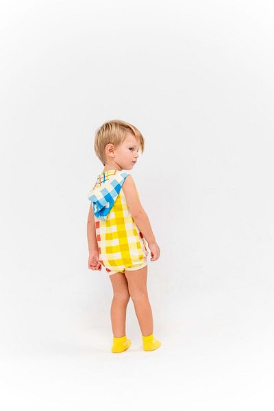 wakawakakidsstore Blue and Yellow Checkered Hooded Baby Jumpsuit