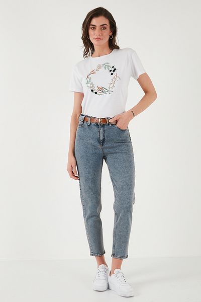 Lela Bumbac, cu talie înaltă, cu talie înaltă, cu centură, pantaloni din denim PANTALONI 668YP4475