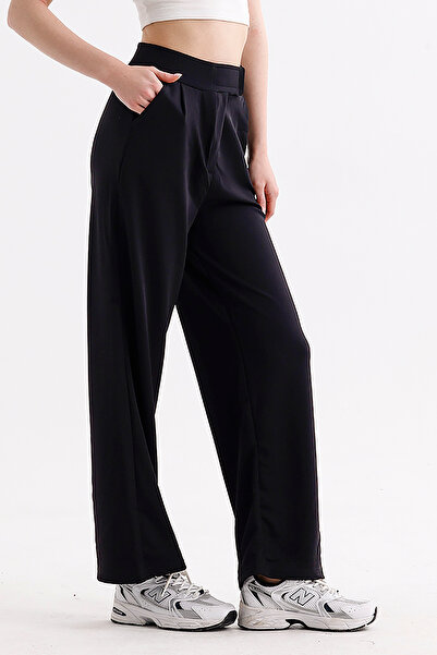VOSSAX Women's Lycra Double Pocket Elastic Waist Velcro Closure Loose Cut Black Palazzo Pants - Vs4000