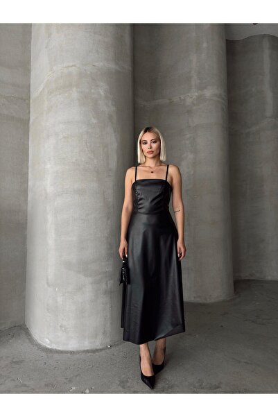 Jeevee Δερμάτινο μακρύ φόρεμα με λουράκι