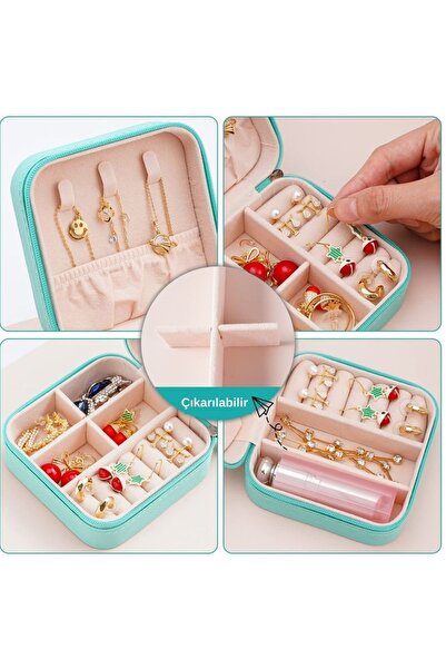 SheSee Seyahat Boy Takı Organizer Kutusu Mücevher Aksesuar Çantası Yüzük Küpe Düzenleyici Turkuaz