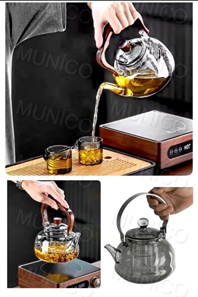 Munico 1100 Ml Bambu Saplı Cam Çaydanlık Buharlı Çift Filtreli Fincan Isıya D...