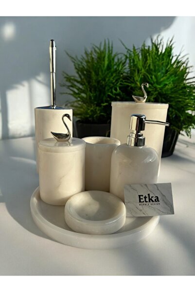 Genel Markalar 7 Li Beyaz Mermer Banyo Seti Gümüş Aksesuarlı Ev Dekorasyon