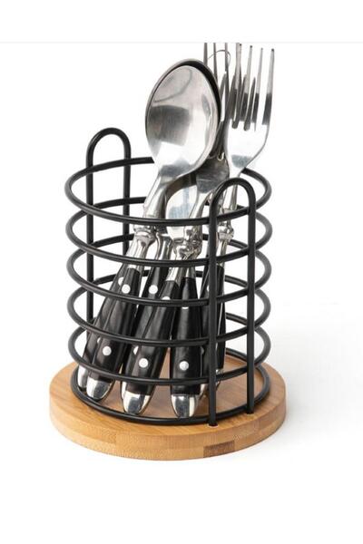 ALLEGRI Suport pentru linguri din metal negru pe bază de bambus Organizator d...