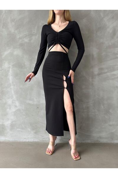 Jeevee Knitted Crepe Slit Skirt-Blouse Set