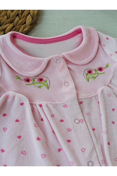 emosavm Pink Baby Girl Jumpsuit - Velvet with Floral Embroidery and Heart Pattern