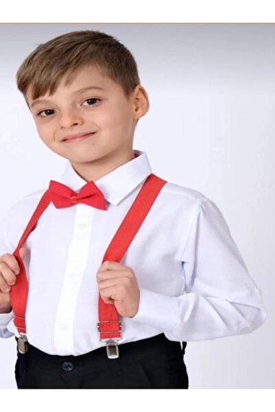 Nacar Erkek Çocuk Uzun Kollu Beyaz Gömlek, Papyon ve Salopet Askı 3'lü Takım