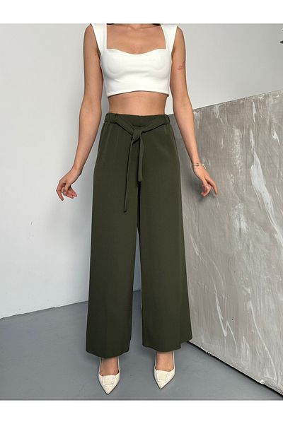 COMBİNE MİCHAİL Pantaloni Palazzo cu talie elastică kaki cu centură din Lycra