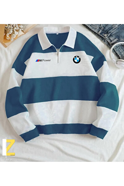 GBRO Unisex Bmw M Power Baskılı Petrol Mavisi Polo Yaka Yarım Fermuarlı Sweat...