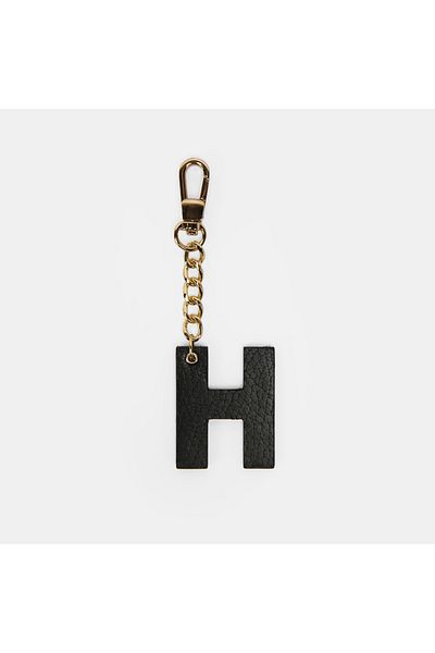 Desa Letter H Black Genuine Leather Charm Keychain