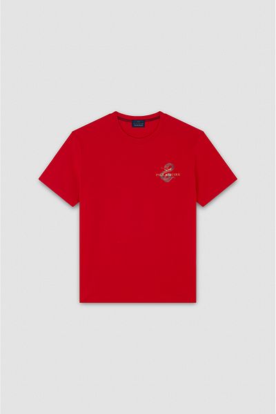 PAUL&SHARK Men's Red Graphic Print Cotton Round Neck T-Shirt - 25411101 -577