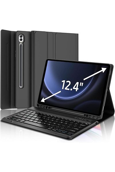 AWH Keyboard Case for Galaxy Tab S9 FE + 5G, 12.4", Bluetooth Keyboard, Smart Folio, Black