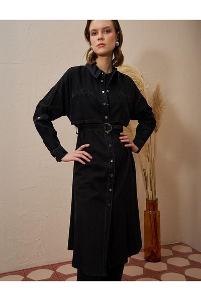 Kayra Denim Tunic Anthracite with Metal Buckle Detail