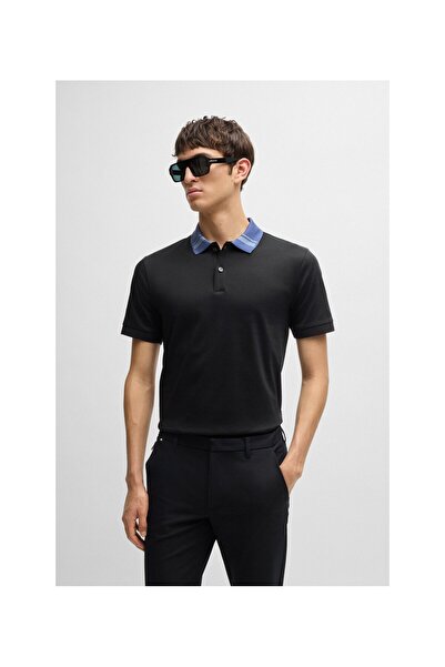 BOSS Yakası şeritli merserize pamuklu dar kesim polo yaka tişört