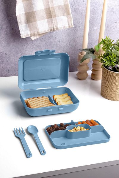 Okyanus Home Blue Lunch Box 2 Layers 5 Compartments Lunch Box with Fork and Spoon