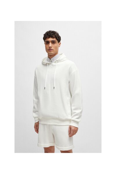 BOSS Ribanalı manşetli, pamuklu bukle kumaştan normal kesim kapüşonlu