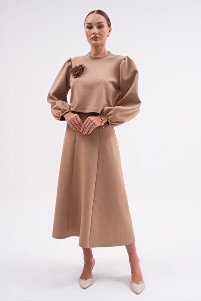 MODAJİN Camel Dadali Flower Detailed Double Set