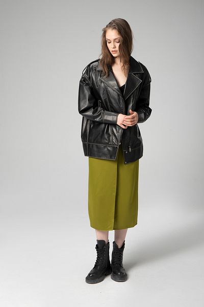 Dericlub Wm019 Oversize Biker - Genuine Leather Black/Beige Women's Coat