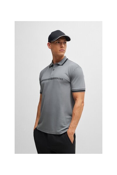 BOSS Çizgili ve logolu pamuk karışımlı polo yaka tişört
