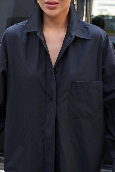 Askı Nişantaşı Black Single Pocket Poplin Shirt