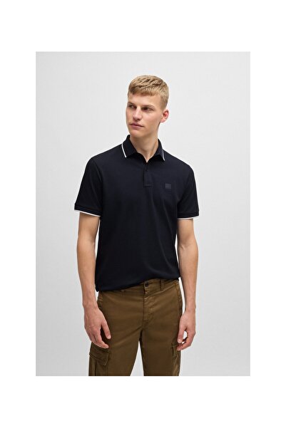 BOSS Yıkamalı esnek pamuklu pikeden dar kesim polo yaka tişört