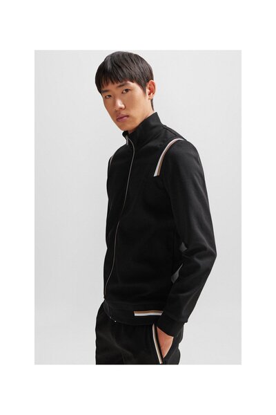 BOSS İmza Çizgili Süslemeli Pamuk Karışımlı Fermuarlı Sweatshirt