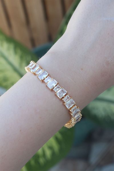 Mu Art Ahşap Vip Series Brass Zircon Stone Gold Color Baguette Waterway Model Bracelet