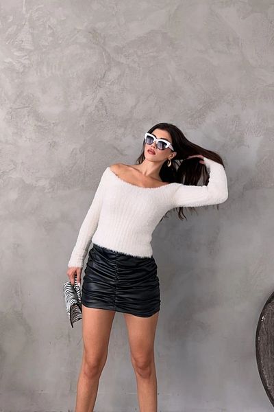 Pek Moda Ecru Women's Crop Sweater - Boat Neck, Ipedani Beard, Flexible Lycra, Ribbed Knit, Long Sleeve, Plush