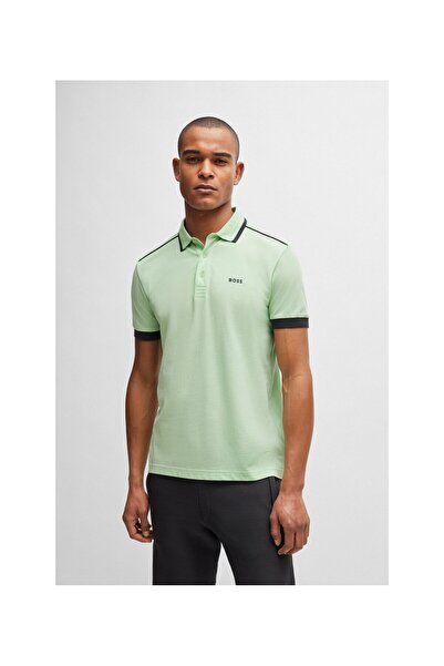 BOSS Zıt renk çizgili ve logolu pamuk-pike polo yaka tişört