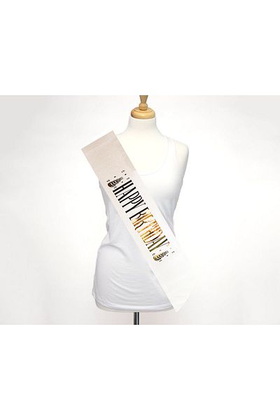 Hepta Collection Glittery Sparkling Belt Belt with Gold Large Happy Birthday Writing on White 10 cm Width