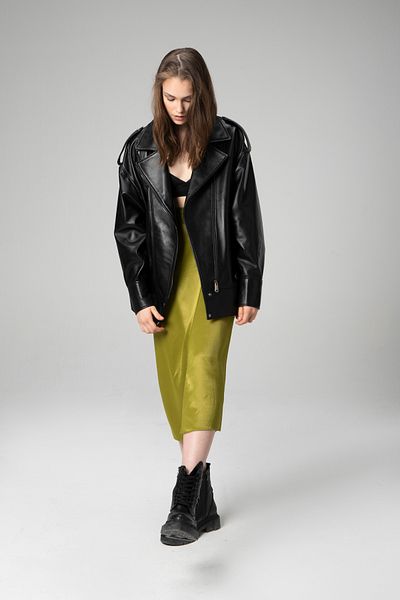 Dericlub Wm019 Oversize Biker Hakiki Deri Kadın Mont Siyah